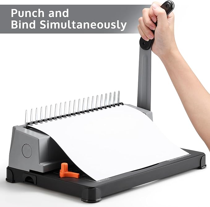 OFFNOVA Binding Machine, 21-Hole 450 Sheets Paper Comb Punch Binder Machine for Letter Size / A4 / A5 Paper, Easy to Punch Handle, Adjustable Margin, Gray