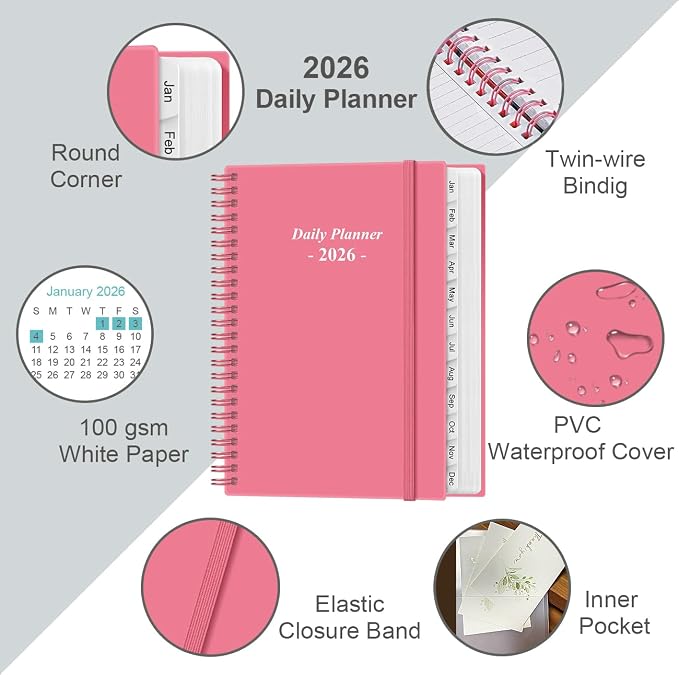Daily Planner 2026 Full Page Per Day- 2026 Daily & Monthly Planner from January 2026 to December 2026, Day Planner 2026 with 12 Months Tabs, 6.4" x 8,5", Pink