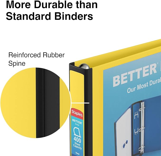 Staples Better Binder, 1.5-Inch D-Ring View, Yellow, 350 Sheets | Reinforced spine for durable everyday use in office and school settings.