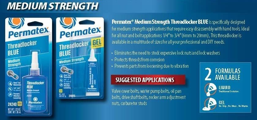 Permatex 24240 Medium Strength Threadlocker Blue, 36 ml, Automotive Threadlocker For Preventing Bolts From Loosening And Corrosion, Removable With Hand Tools