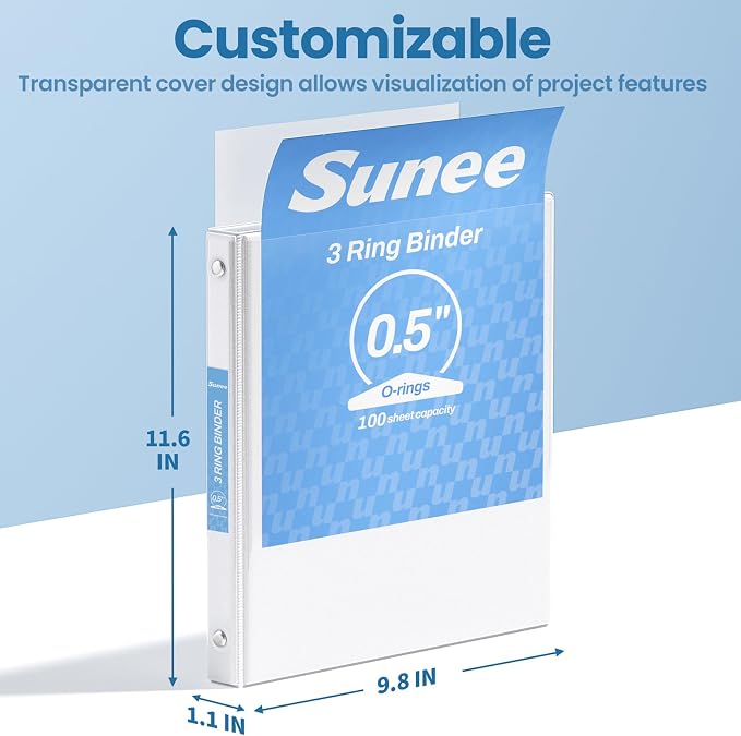 SUNEE 1/2 Inch Binders 3 Ring 4 Pack, PVC-Free Clear View Half Inch Binders (Fits 8.5x11 Inches) for School, Office & Home Use, White