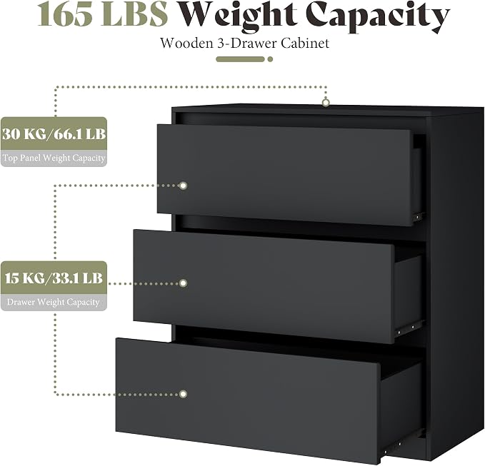 AMERLIFE Storage Cabinet with 3 Drawers, 32 x 16 x 36 Inch | 3-Tier Storage Case and Modern Display Shelf for Collectibles, Black