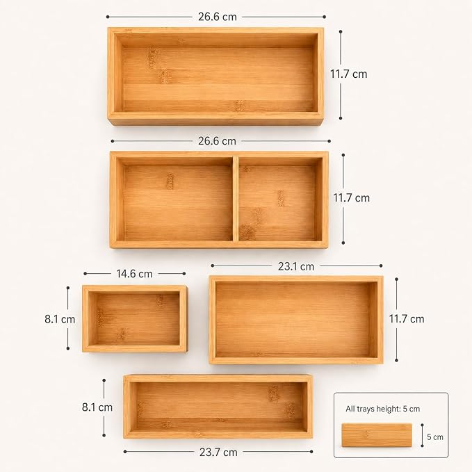 5-Piece Bamboo Drawer Organizer Set – Versatile Storage Trays for Kitchen, Bathroom, Office, Makeup, Jewelry & More – Drawer Dividers, Utensil Organizer & Storage Bin Set (5 Pieces)