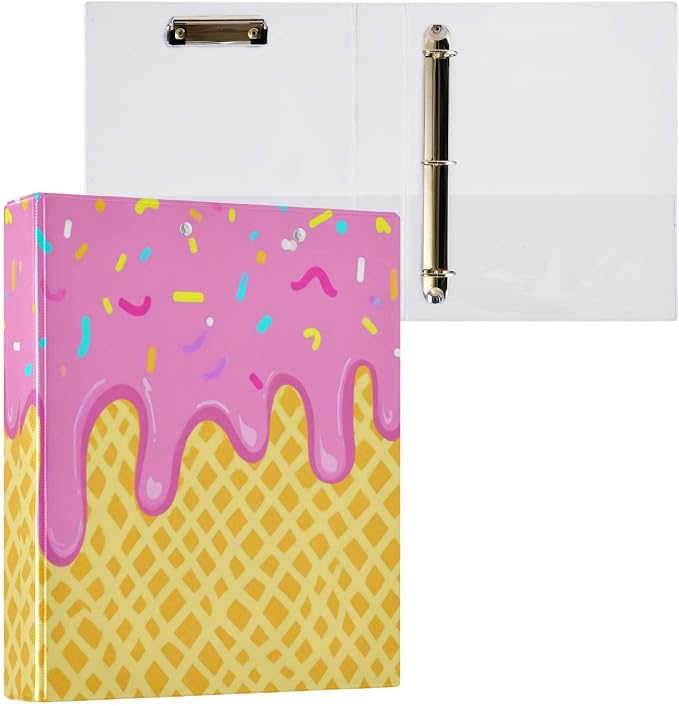 Caikeny 3 Ring Binder Ice Cream Colorful 1.5 Inch Binders Round Ring Clipboard with 2 Pockets for Office Supplies