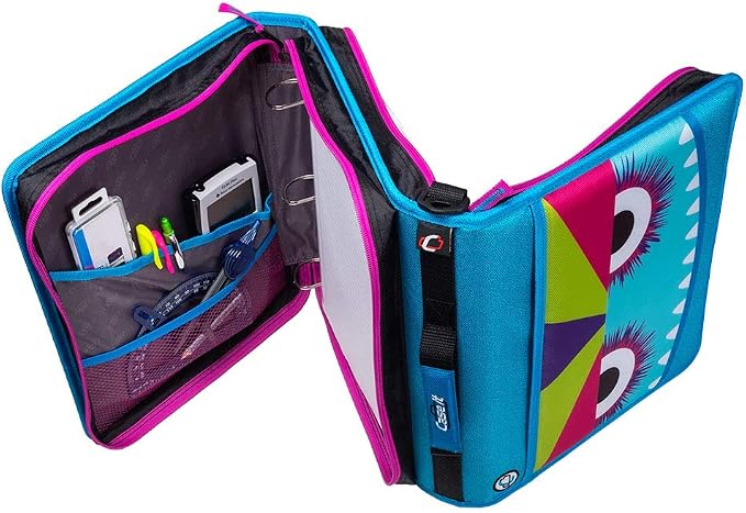 Case-it Z Shape Zipper Binder | Dual 1.5" D-Rings | 500-Sheet | Z-176-ME | Z Shape, Two Binders in One, Double-Sided, Multiple Pockets, Shoulder Strap, Monster Design, School & Office