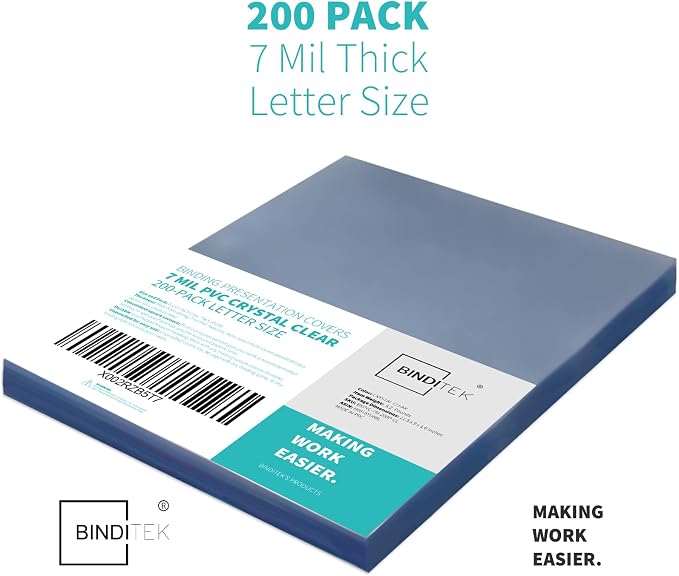 Binditek 200 Pack 7 Mil Clear Presentation Covers for Binding, 8.5 x 11 Inches, Letter Size, Square Corners, Un-Punched, Office Supplies | Plastic Binding Covers, 8.5" x 11" Letter Size, Clear, Square Corners, Unpunched, Ideal for Business Reports and ...