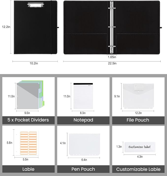 3 Ring Binder with Clipboard,1 Inch Binders with Notepad&5 Dividers with Pockets, Labels,PU Clipboards for School Office(Black,Letter Size)