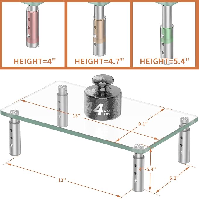 Hemudu 2 Pack Monitor Stand - 3 Adjustable Height Riser, Computer Stand, Desktop Organizer for PC, Laptop - Clear