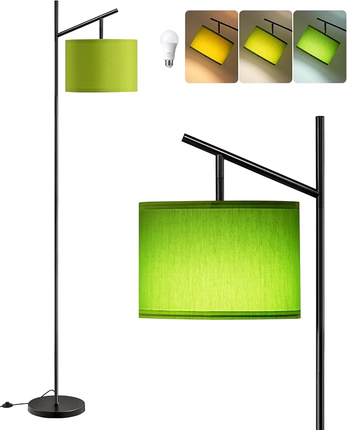 EDISHINE Modern Floor Lamps for Living Room, 64.7" Green Standing Lamp | 3 Color Temperatures, Bulb Included, Adjustable Linen Shade, Foot Switch, Minimalist for Bedroom, Living Room, Office