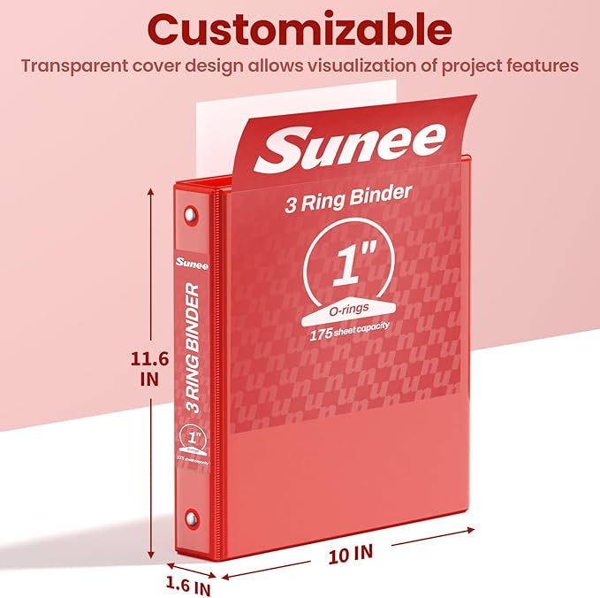 SUNEE 1 Inch Binders 3 Ring 4 Pack, 1" Classic 4-Color Binder Set (8.5x11 Inches) for Office, School or Home Supplies