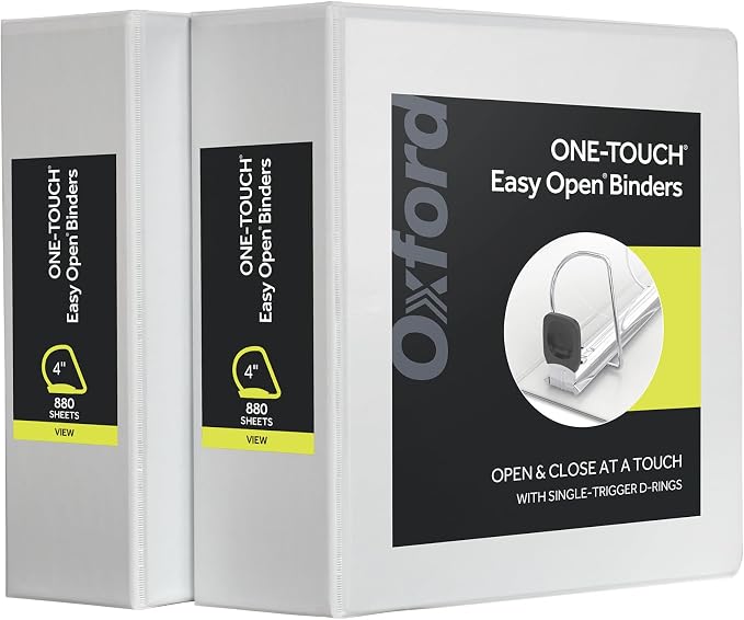 Oxford 3 Ring Binders, Durable Binders for School and Office, 4 Inch, ONE-Touch Easy Open D Rings, View Binder Covers, 4 Interior Pockets, PVC-Free, Holds 880 Sheets, White, 2 Pack (79921)