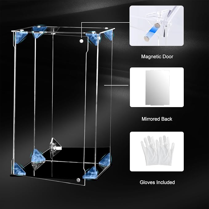 Acrylic Display Case Clear Action Figure Display Case with Mirrored Back, Dustproof Protection Display Box Alternative Glass Case for Collectibles Figures Models Doll Toys (8x8x12 inch; 20x20x30cm)