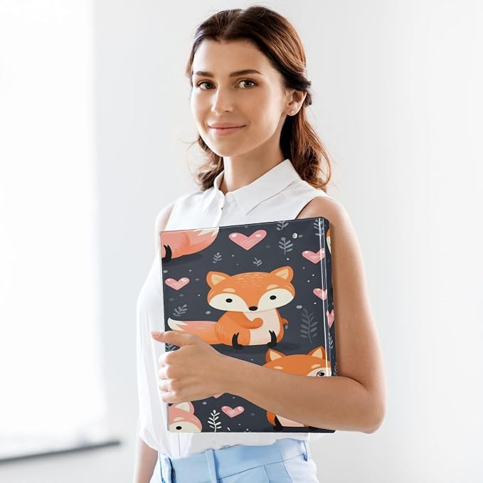 3 Ring Binder, Cute Foxes and Hearts Clipboard Binder with 2 Pockets, 1.5 Inch Three Ring Binder Heavy Duty Round Ring Binders for Office Supplies
