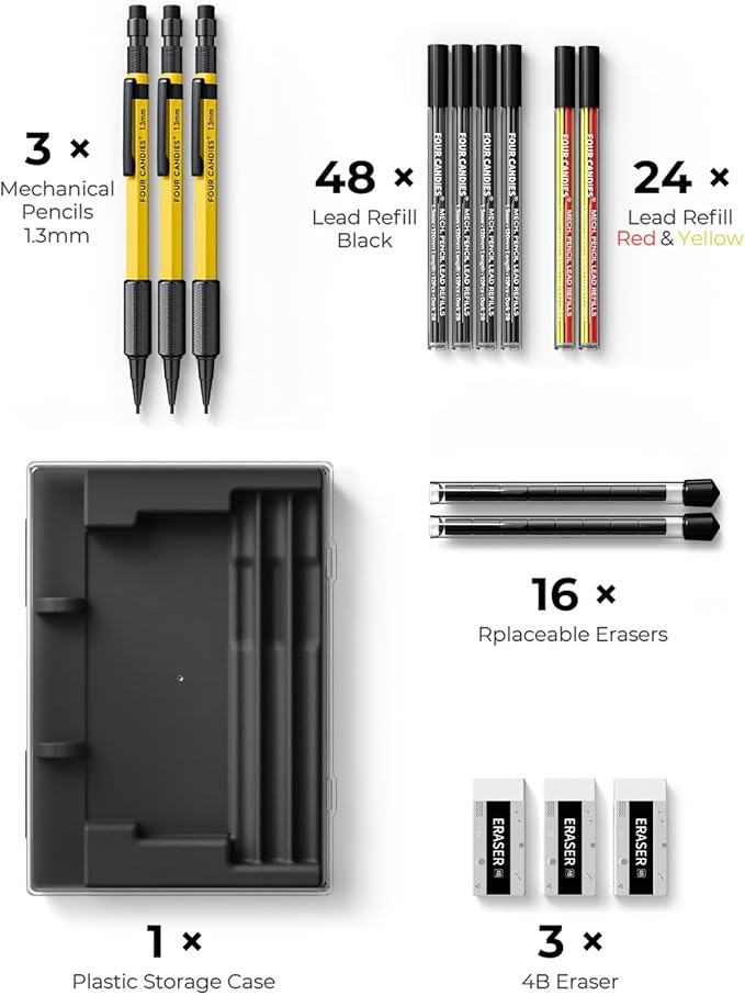 Four Candies 3PCS 1.3mm Mechanical Pencil Set with Case, Metal Heavy Duty Carpenter Pencils with 72 Refill(Red,Black,Yellow) 3Eraser, 16Eraser Refill, Weatherproof Body Outdoor Woodworking Marking