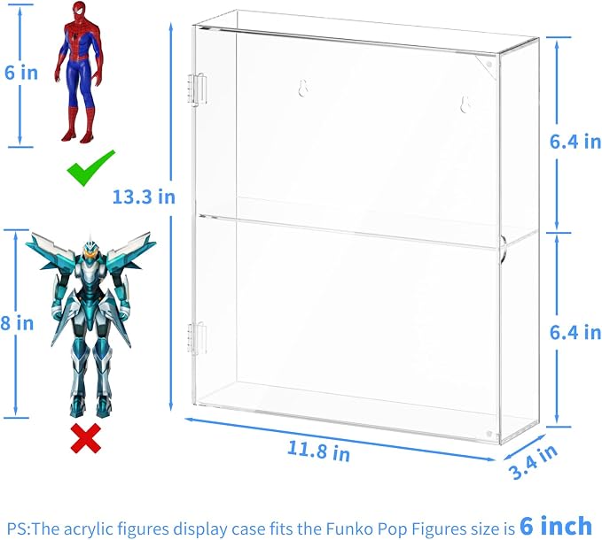 AITEE 2 Tiers Acrylic Display Case for Mini Funko Pop on Wall or Desktop | 11.8"Lx3.4"Wx13.3"H, dustproof, 2 tiers, wall mounted or desktop, showcases mini figures toys stones rocks Amiibo