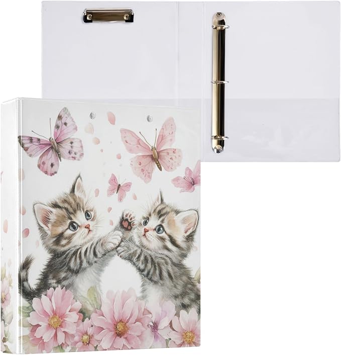Butterfly Cute Cat Binder 1.5 Inch Binder with Clipboard&Pockets, Kitty with Pink Floral Hardcover Binders 3 Ring, Heavy Duty Large File Folder for Office School Supplies - Holds 200 Sheets
