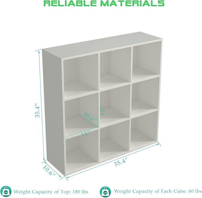 9-Cube Storage Shelf Bookcase, Warm White | Wooden 3-Tier Open Bookshelf, Fits 11×11" Bins, Vertical or Horizontal Use, Full Back Panels, For Home Office