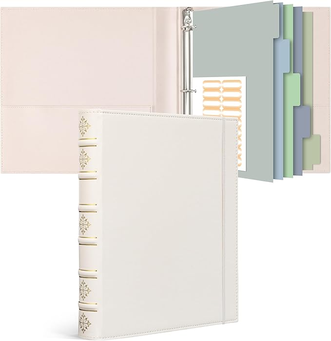 Ospelelf Leather 3 Ring Binder 1 Inch, Vintage D Ring Binder with Pockets and 5 Tab Dividers, Hardback Book Style Document Organizer Fits Letter Size Paper for Home, Office and Wedding White