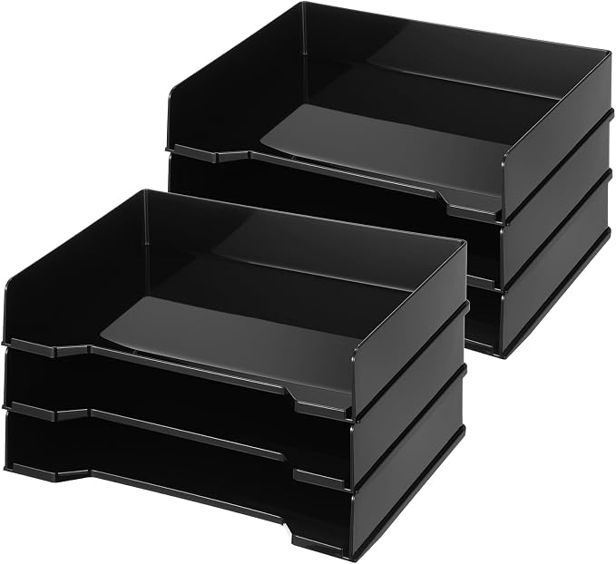 DoubleFill 6 Pcs Stackable Letter Tray Rectangular Plastic Desk Organizer 13 x 9.5 x 2.6 in Paper Holder File Tray Accessories Rack for Desktop Office Desk Drawers (Black)