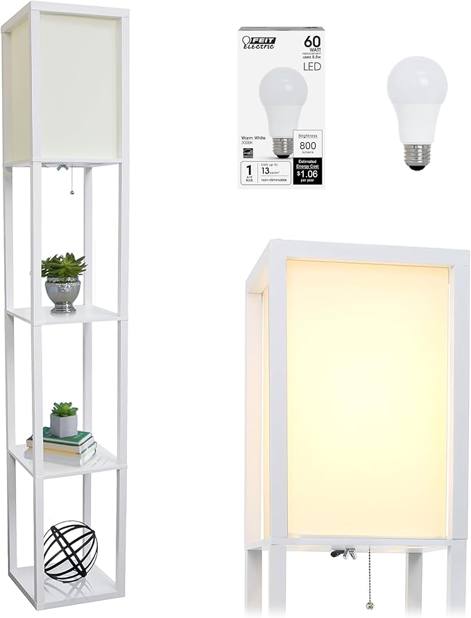 Simple Designs LF1014-WHT-LB Three Shelf Etagere Organizer Storage Floor Lamp with White Linen Shade for Living Room, Bedroom, Office, Hallway, White, with Feit LED Bulb Included