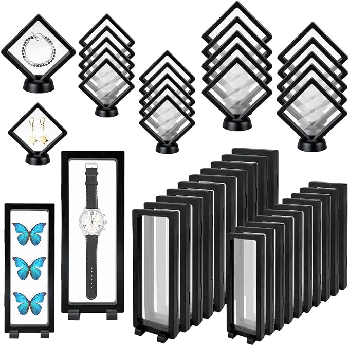 40 Pcs Floating Display Case, 3D Challenge Coin Holder Frame | PE Film, Black, Storage Box with Stands, Perfect for Preserving and Displaying Jewelry, Rocks, Medallion, Shells, Gems, Pins
