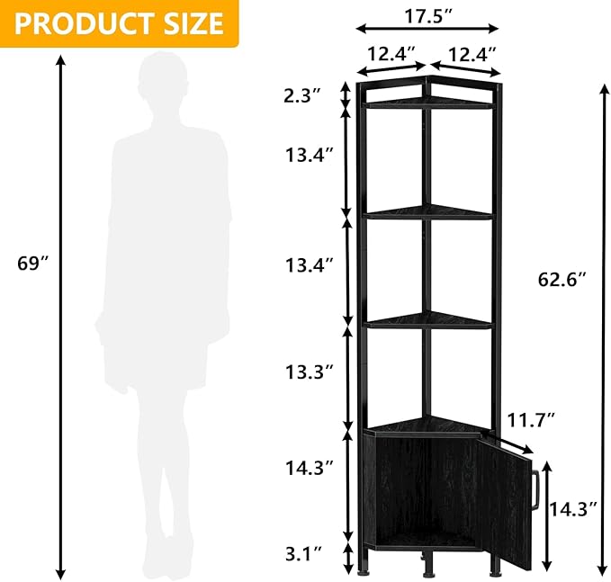 5-Tier Corner Shelf with LED Light,Black Corner Cabinet with Doors | 62.8”Tall Corner Bookshelf with Storage Rack for Bedroom,Living Room,Kitchen,Metal Frame,Wood Display Shelf,Easy to Assemble