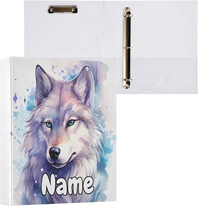 Custom 3 Ring Binder Wolf Watercolor 1.5" Round Ring Binders Personalized Name View Binder with 200 Sheet for Kids School Supplies Women Men Office, 1 Pack