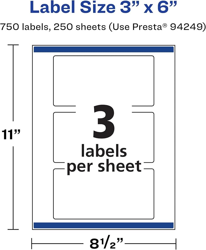 Avery® Matte White Rectangle Labels, Sure Feed® Technology, 3" x 6", 750 Matte White Printable Labels