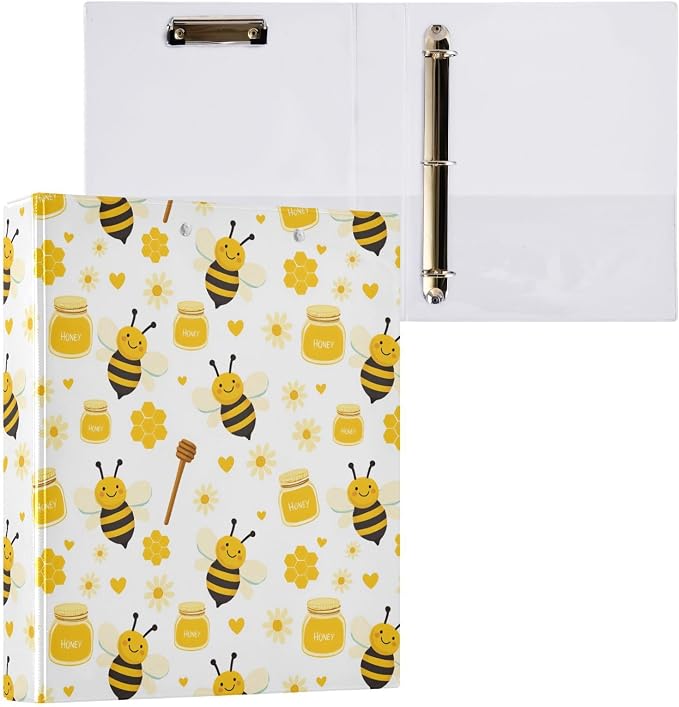 Aslsiy Bees Honey Flowers 3 Ring Binder 1.5 Inch Honey Pattern Round Clipboard Binder Decorative Harcover Binders Organizer for Office Supplies