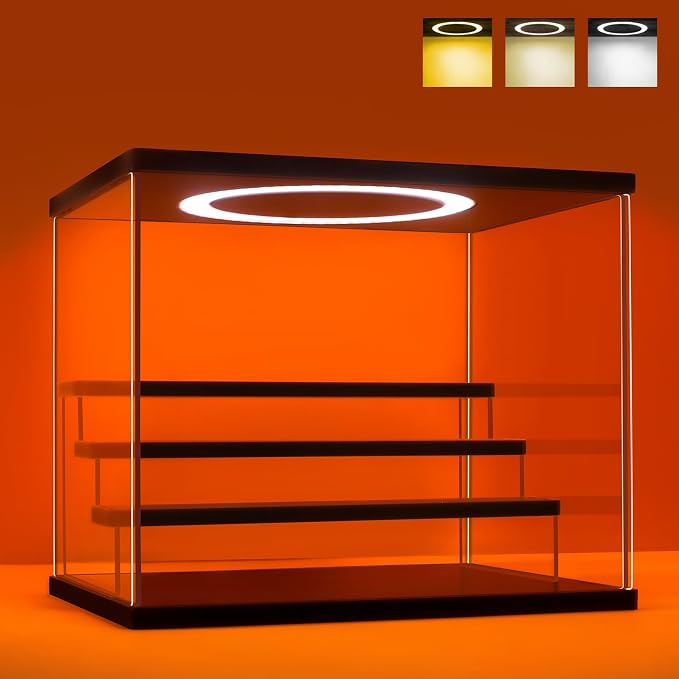 Acrylic Display Case with Adjustable LED Light, 4 Tier Clear Display Box Dustproof Showcase for Action Figures, Collectibles and Mini Toys, Assembly Display Cabinet(Black 12.5×9.5×10.4in)