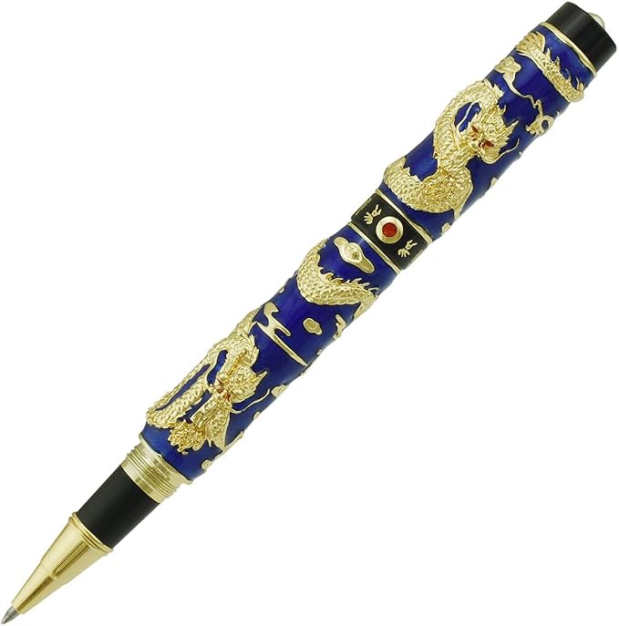 Jinhao Double Dragon Rollerball Pen Blue Cloisonne Enamel Handcraft for Signature and Collection