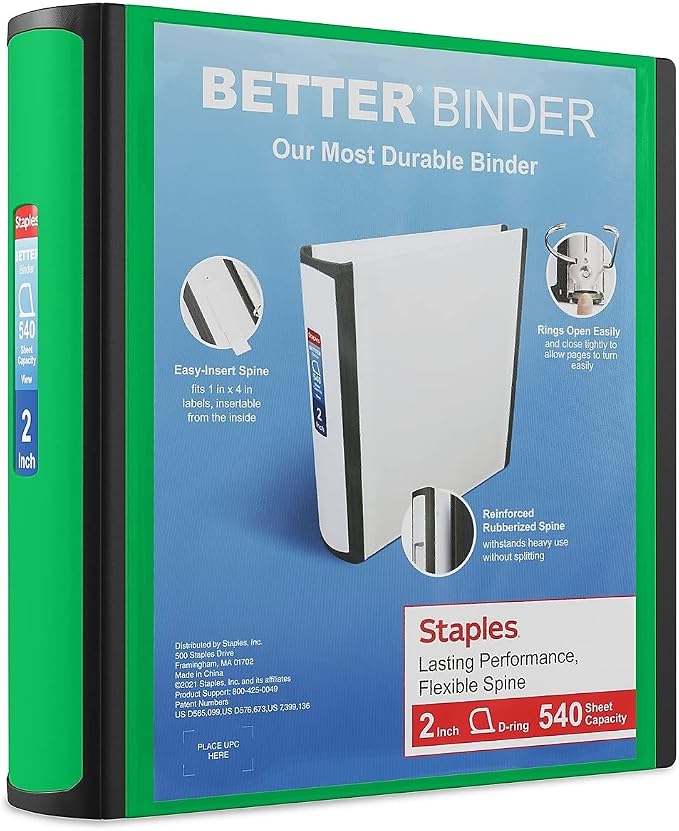 Staples Heavy-Duty 2-Inch D-Ring Binder, Green, Holds 540 Sheets | Large-capacity 3-ring binder with pockets for document storage.