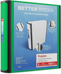 Staples Heavy-Duty 2-Inch D-Ring Binder, Green, Holds 540 Sheets | Large-capacity 3-ring binder with pockets for document storage.