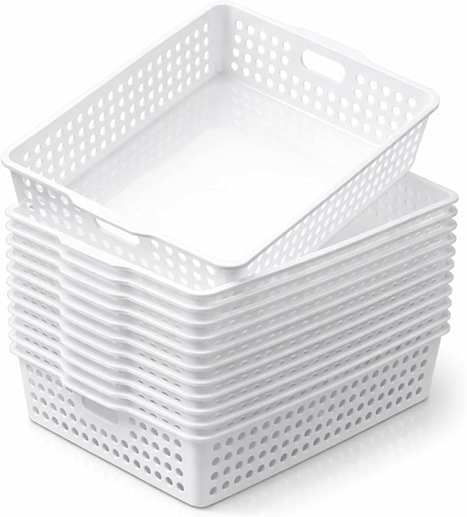 Geetery 12 Pack Classroom Storage Baskets with Handle,White | 14''x10'' Paper Tray Holds A4 Turn in Trays Plastic Paper Baskets Desk Organizer Bin for Classroom, Library, Office, Home