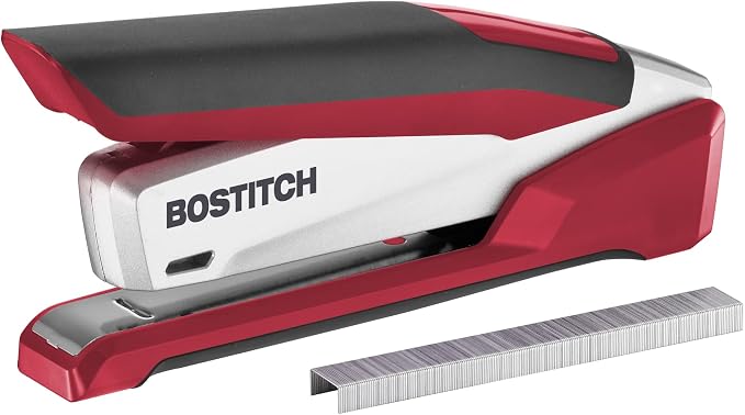 Bostitch Office InPower Spring-Powered Premium Desktop Stapler - One Finger, No Effort, Red/Silver (1117)