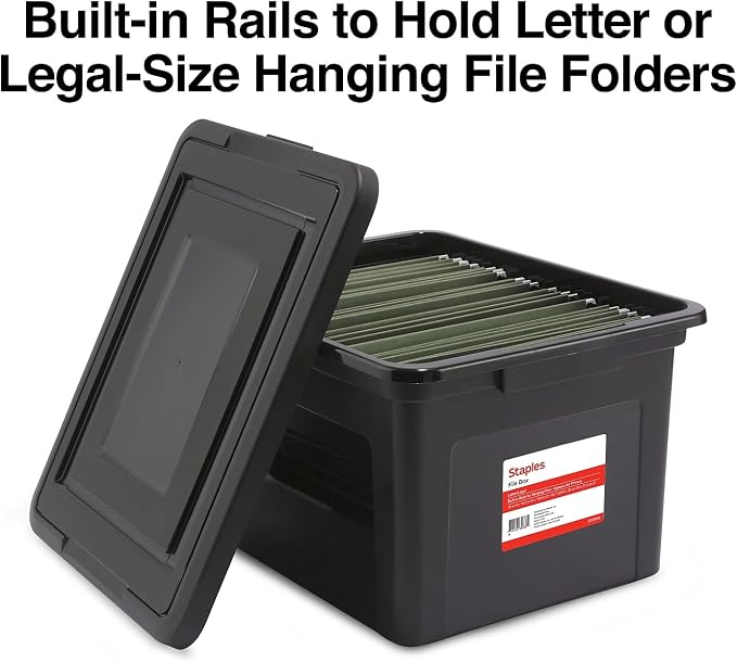 Staples Hanging File Folder Box, Storage Bin Organizer, Snap Lid | Black bin keeps letter and legal size documents organized and accessible.