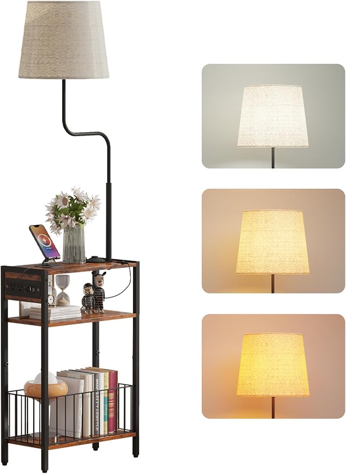 HavenlyYouth Floor Lamp with Table & Storage Baskets, End Table with 3 Color Temperatures LED Bulb, Nightstand with Charging Station, Shelves Side Table for Living Room, Bedroom, Office - Brown