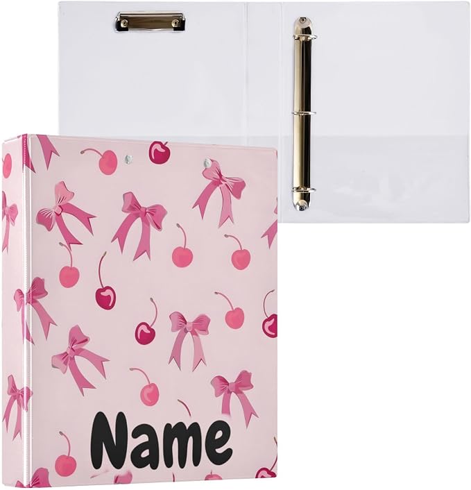 Custom 3 Ring Binder Pink Bows Cherry 1.5" Round Ring Binders Personalized Name View Binder with 200 Sheet for Kids School Supplies Women Men Office, 1 Pack