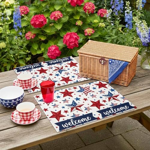 4th of July Placemats Set of 6, Patriotic Stars USA Flag Place Mats Independence Day Dining Table Mats Holiday Party Memorial Day Decor for Kitchen&Linens Outdoor Indoor, Red White and Blue