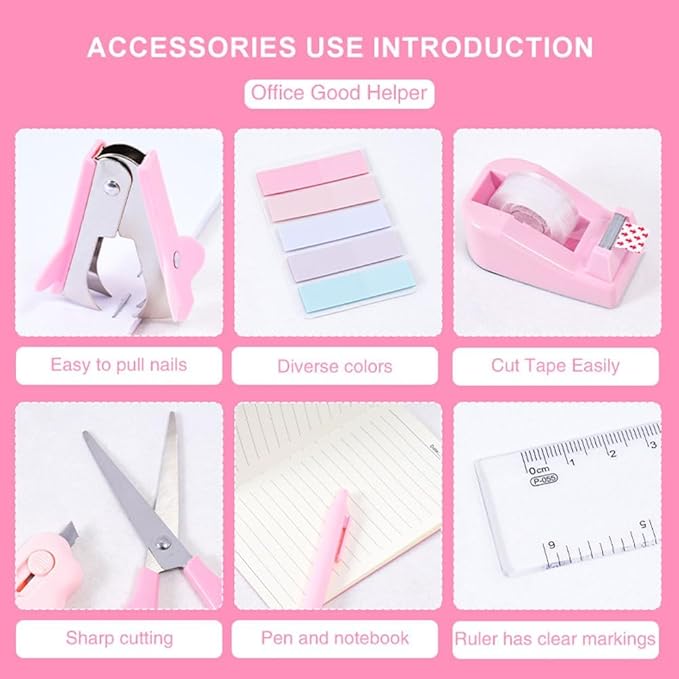Gawsey Desk Organizers and Accessories with Desk Organizer 360° Rotating Pen Holder and Office Supplies, Cute Stationery Supplies Set (Pink)