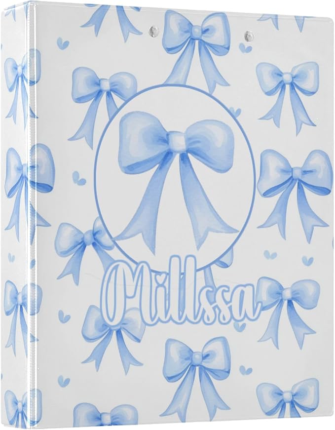 Blue Bows 3 Ring Binder with Clipboard Round Ring Binders White Name Custom Binder 3 Interior Clear Pockets for Office Supplies 1 Pack
