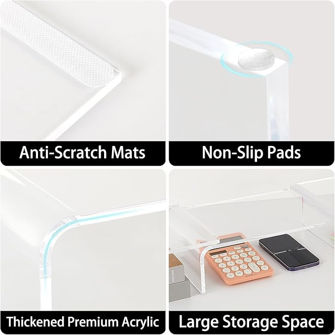 LEKETREE Acrylic Monitor Stand , Clear Monitor Stand for Desk, Computer Accessories for Home Office, Desk Organizer Shelf for Laptop, PC, Multi Media and more