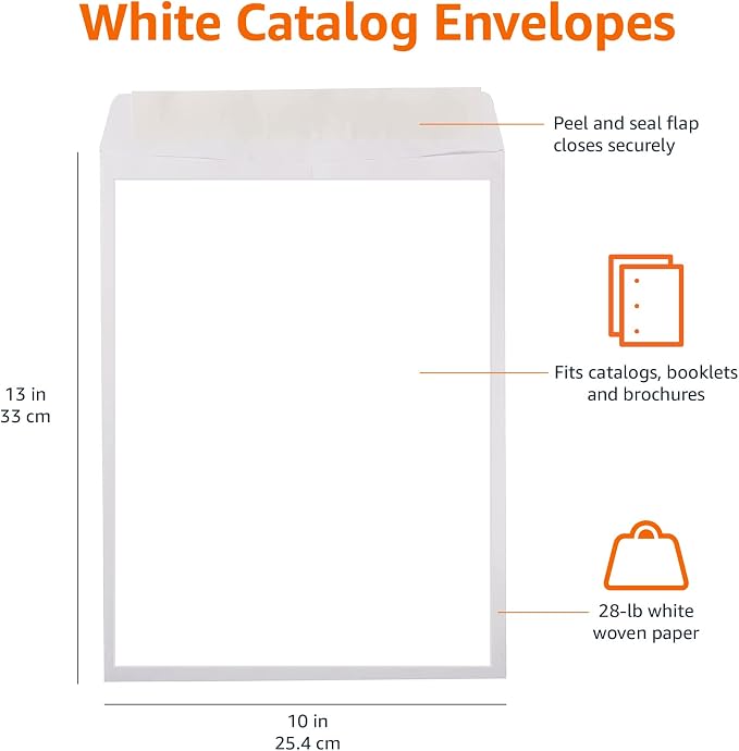 Amazon Basics Catalog Mailing Envelopes, Peel and Seal, 10 x 13 Inch, White, 100-Pack