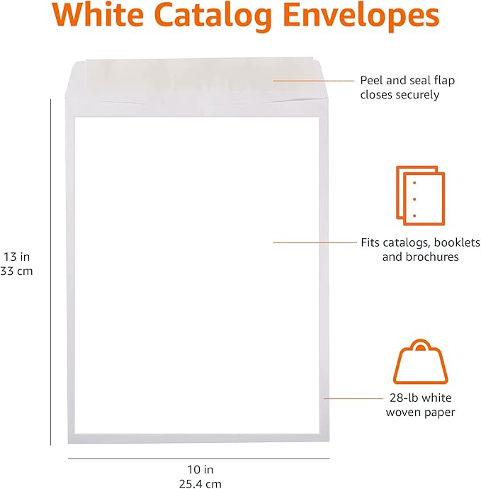 Amazon Basics Catalog Mailing Envelopes, Peel and Seal, 10 x 13 Inch, White, 200-Pack