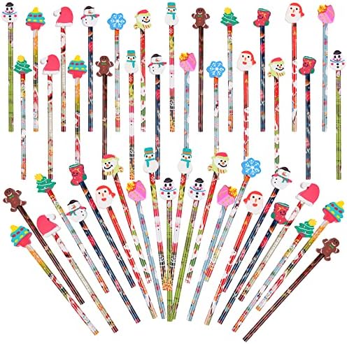 SAIWEILAI ONLINE 50 Pieces Christmas Pencils Elk Snowflake Wood Pencils with With Giant Snowman Xmas Tree Eraser Assortment Christmas Stationery Pencil for Christmas Supplies