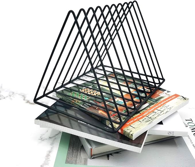 9 Slot Magazine Rack Book Record Holder, Desktop Iron Storage Rack Bookshelf Multifunction Triangle File Organizer Sorter for Decor Home Office, Black Pack of 2