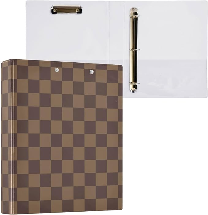 Brown Checkerboard B 3 Ring Binder with 2 Interior Pockets 1.5 inch Binders 3 Ring Heavy Duty Fit 8.5" x 11" Letter Size for Office School, 2 Pack
