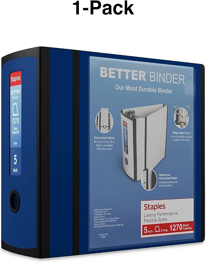 Staples Better 5-Inch D-Ring View Binder, Blue, Reinforced Spine | Extra-large capacity binder for archiving everyday office documents.