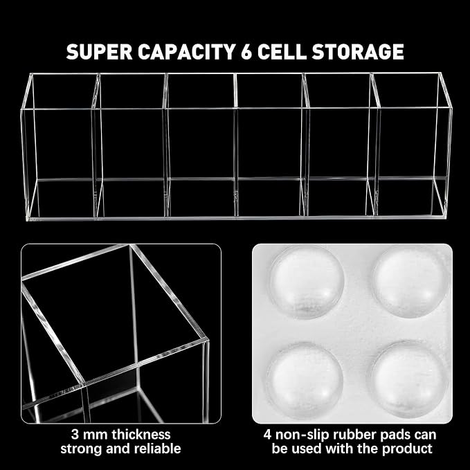 2 Pack Acrylic Makeup Brush Holder 6 Compartments Pencil Organizer Cup Pencil Holder for Desk Pen Organizer Storage Pen Holder for Accessories Cosmetic Brushes Office Bathroom Kitchen Supplies (Clear)