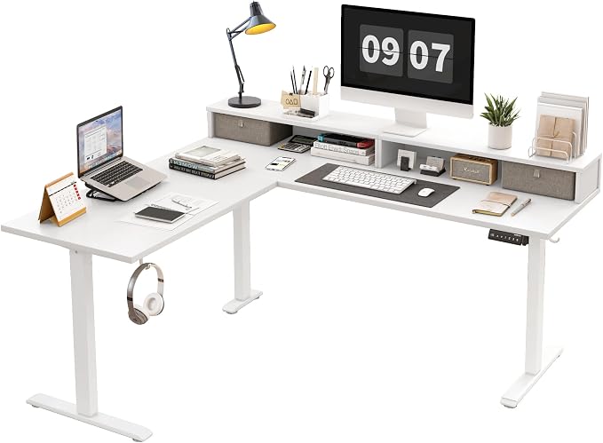 Agilestic 63 Inch L Shaped Electric Standing Desk with Drawer, White | 2 Stroage Drawers, Monitor Shelf, Corner Desk, Ample Workspace, Memory Presets, Hooks, Stable Steel Frame,176 lbs